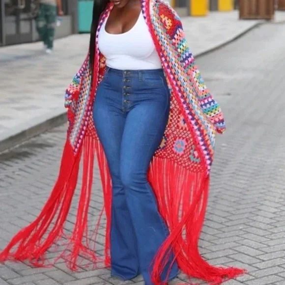 Retro Granny Square Colorful Crochet Long Fringe Cardigan - Picture 3 of 12